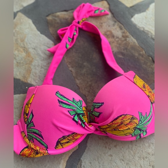 Aerie Pink Pineapple Floral Push Up Bikini LIKE NEW Swim Top - Size 34D - Picture 10 of 10